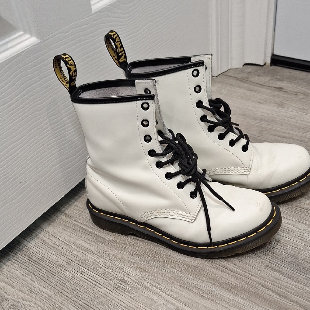Dr. Martens White Leather 8-Eye Lace-Up Boots with Black Trim